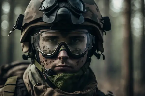 Soldado con casco y gafas airsoft, listo para la acción en el bosque.