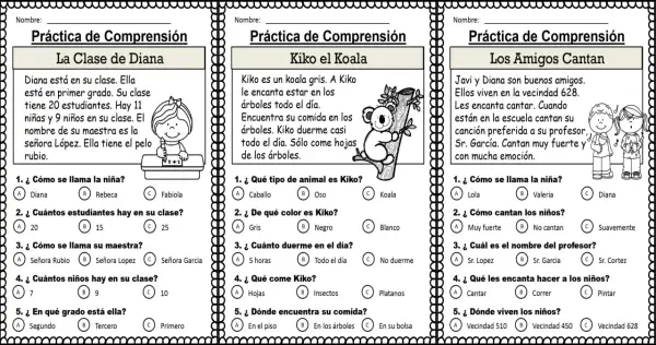 Hojas de comprensión lectora para practicar la lectura y el entendimiento de textos.
