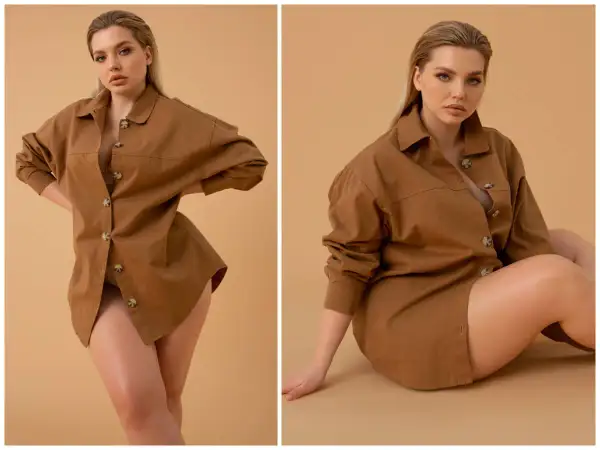 Kobieta w brązowej, oversize'owej koszuli prezentuje modne stylizacje xxl. Jej pewność siebie podkreśla luźny krój i naturalne pozy.