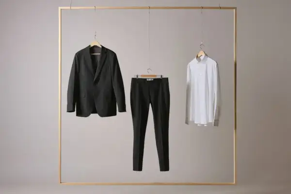 Ein dunkler Anzug, eine schwarze Hose und ein weißes Hemd hängen an einem Holzrahmen. Die Hose zeigt, wie lang eine Anzughose sein muss.