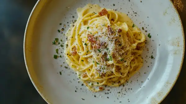 Spaghetti Carbonara, ein cremiges Gericht mit Speck und Parmesan, serviert auf einem Teller. Ein köstliches, authentisches Rezept, das Lust auf mehr macht.
