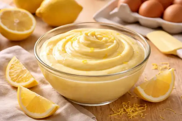 Crème dessert citron onctueuse dans un bol, garnie de zestes de citron, avec des quartiers de citron et des œufs en arrière-plan.