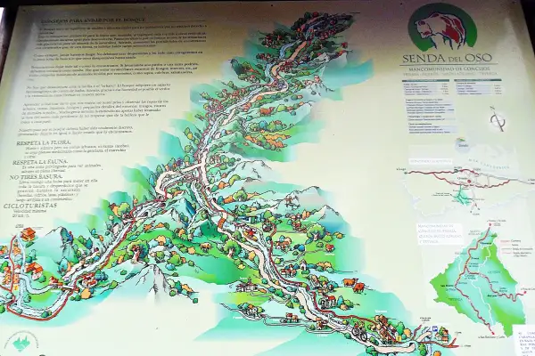 Mapa ilustrado de la Senda del Oso, con consejos para disfrutar del bosque y la fauna.