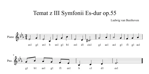 Fragment partytury z "Tematem z III Symfonii Es-dur op.55" Beethovena, z widocznymi znakami chromatycznymi, nutami i ich nazwami.