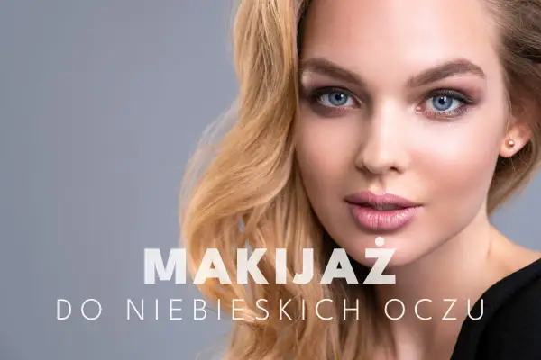 Niebieskie oczy modelki podkreślone subtelnym makijażem wieczorowym. Delikatne cienie i róż na ustach.