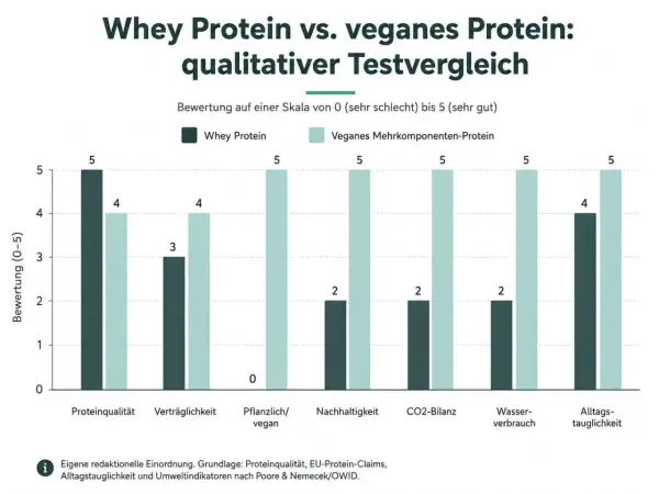 Vergleich von Whey und veganem Protein. Die Herstellung von Proteinpulver wird anhand von Kriterien wie Proteinqualität und Nachhaltigkeit bewertet.