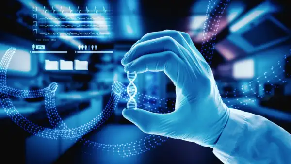 Rękawiczka laboratoryjna trzyma model DNA, symbolizując przełomowe esaliens medycyny i nowych technologii.