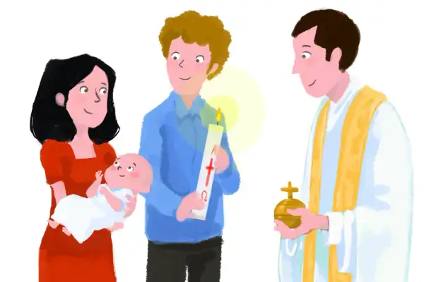 Cérémonie de baptême : une mère tient son bébé, un homme porte une bougie, et un prêtre bénit l'eau. L'origine du parrain et de la marraine est ici symbolisée.