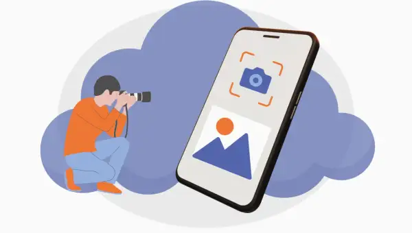 Captura de pantalla Android: fotógrafo toma foto de paisaje en móvil.