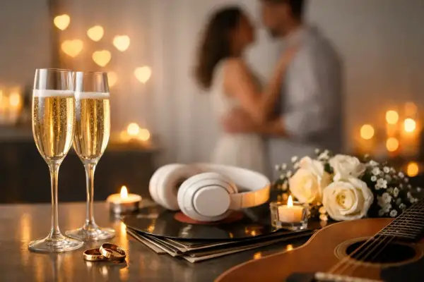 Coppie di fedi, champagne e una chitarra creano l'atmosfera perfetta per una canzone per anniversario di matrimonio.
