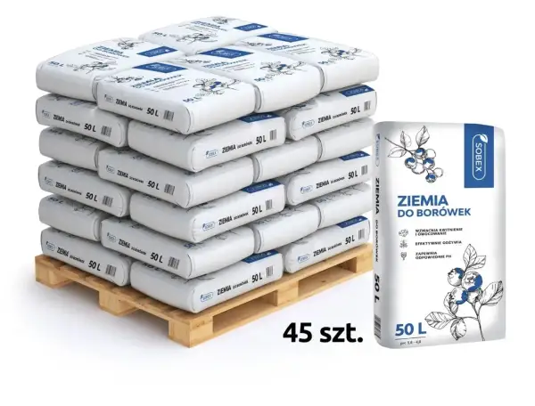Paleta z 45 workami ziemi do borówek Sobex po 50 L każdy. Idealna do uprawy tych owoców.