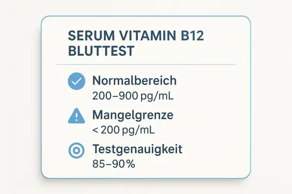 Serum Vitamin B12 Bluttest: Normalbereich 200-900 pg/mL. Mangelgrenze < 200 pg/mL. Zu viel Vitamin B12 Symptome sind selten, aber ein Mangel kann zu neurologischen Problemen führen.