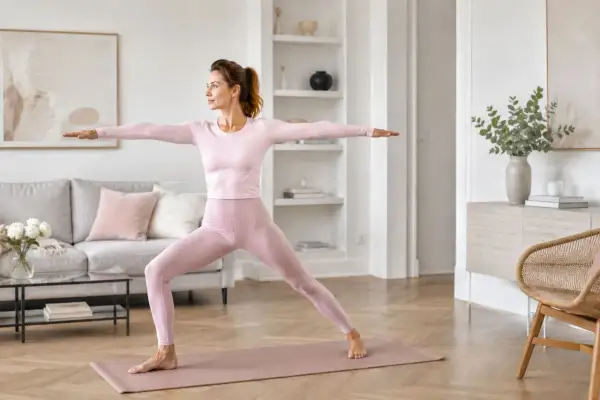 Kobieta w różowym stroju ćwiczy jogę w domu. Czy pilates odchudza? Tak, regularne ćwiczenia wzmacniają ciało i pomagają w redukcji wagi.