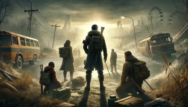 Grupa ocalałych w postapokaliptycznym świecie, zniszczone autobusy i ruiny w tle. To może być kadr z gry Metro Exodus, poradnik do której jest bardzo przydatny.