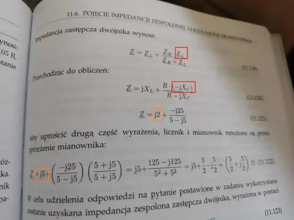 Obliczenia impedancji zespolonej dwójnika, pokazujące przekształcenia wzorów i uproszczenia.