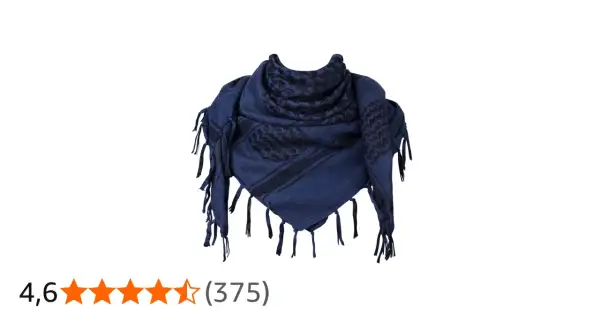 Pañuelo shemagh azul marino con flecos y estampado geométrico en negro.