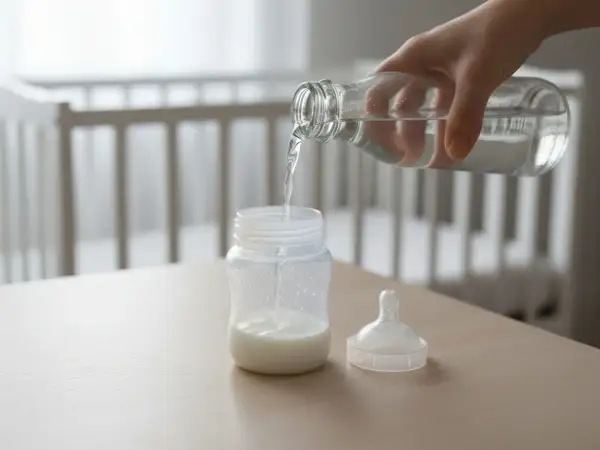 Preparazione del biberon con latte vaccino per bambini. Acqua versata da una bottiglia in un biberon con latte.