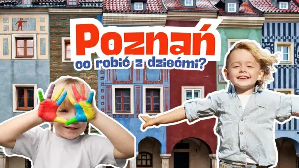 Poznań atrakcje dla młodzieży: uśmiechnięte dzieci z kolorowymi dłońmi na tle kolorowych kamieniczek.