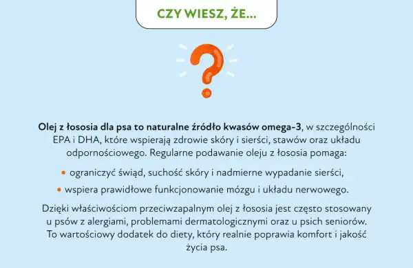 Olej z łososia dla psa to naturalne źródło kwasów omega-3, wspierające skórę, sierść i stawy. Pomaga ograniczyć świąd i wypadanie sierści.