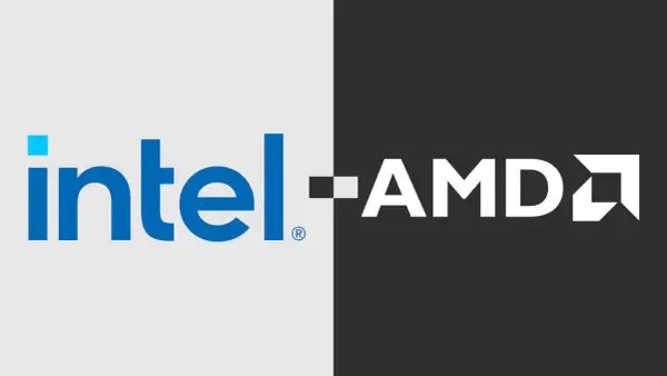 Logo Intel i AMD obok siebie, symbolizujące odwieczną rywalizację o najlepszy procesor.