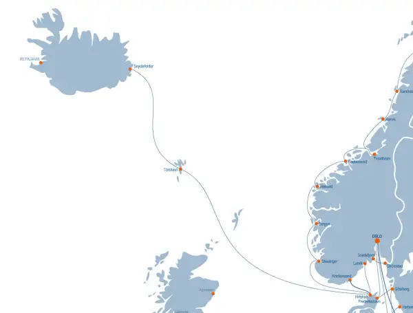 Mapa tras promowych z Islandii do Norwegii i Danii, z zaznaczonymi portami jak Seyðisfjörður i Tórshavn.