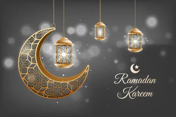 Złoty księżyc i latarnie wiszą w powietrzu, tworząc magiczną atmosferę na czas ramadanu.