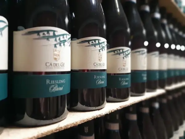 Bottiglie di vini oltrepò pavese, Riesling Brina, in fila su uno scaffale.