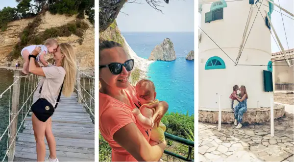 Grecja z dziećmi: mama z niemowlakiem na moście, z dzieckiem na tle turkusowego morza i z córką przy wiatraku.
