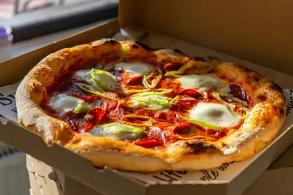 Pyszna pizza z pepperoni, mozzarellą i papryką w pudełku. Idealna na wieczór, gdy zastanawiasz się, skąd pochodzi pizza.