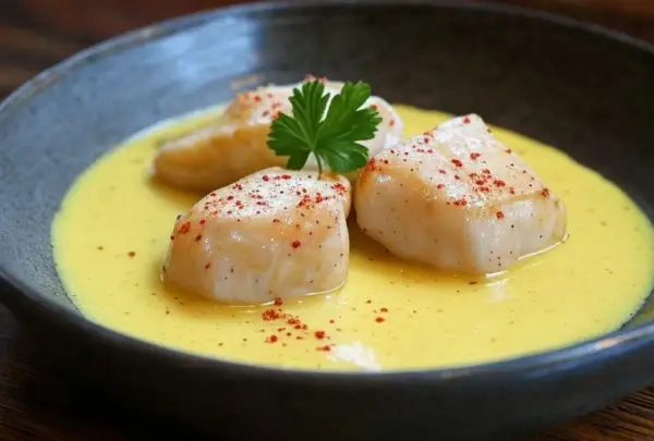 Trois morceaux de lotte poisson, saupoudrés de paprika, baignent dans une sauce crémeuse et jaune, garnie d'une feuille de persil.