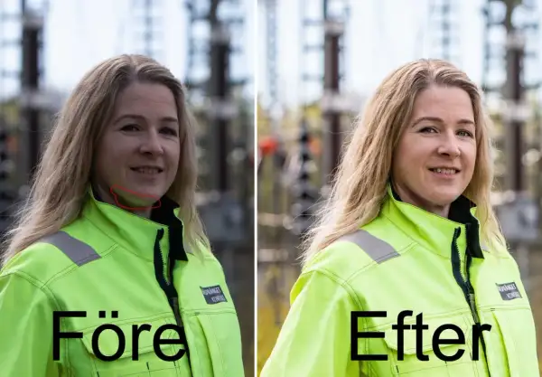 Före- och efterbilder på en kvinna i varseljacka. Bilden visar hur en redigering kan ge fina profilbilder.