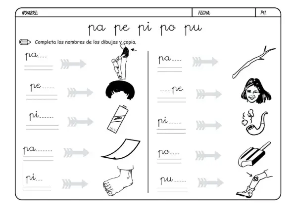 Hoja de trabajo para practicar las **fichas letra p**. Ejercicios para completar palabras con sílabas como pa, pe, pi, po, pu, asociándolas a dibujos.