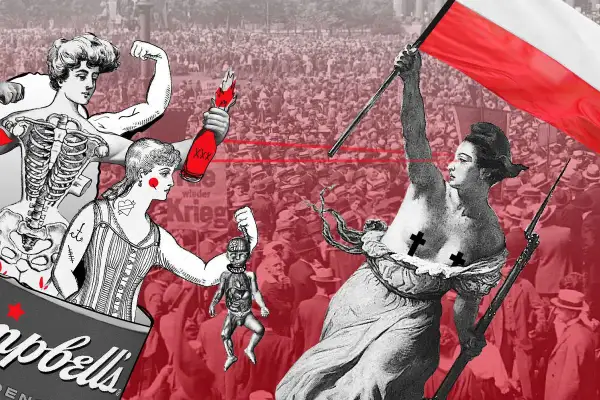 Silne kobiety, symbol feminizmu, walczą o wolność na tle tłumu. Jedna trzyma płonącą butelkę, druga unosi polską flagę.
