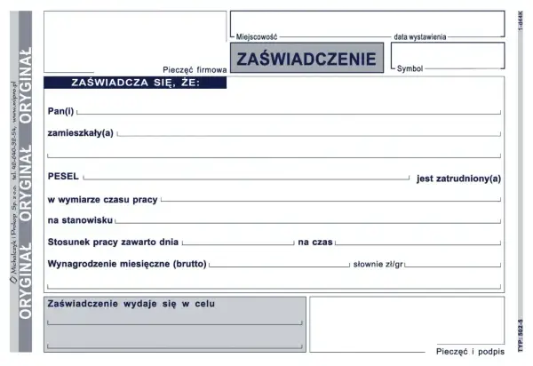 Formularz potwierdzenie zatrudnienia. Zawiera dane pracownika, stanowisko, wynagrodzenie i cel wydania zaświadczenia.