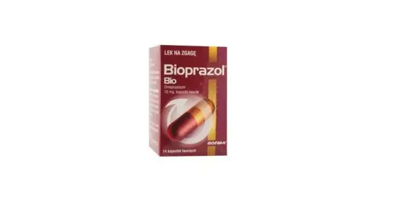 Opakowanie leku Bioprazol Bio na zgagę, zawierające 14 kapsułek twardych z omeprazolem 10 mg.