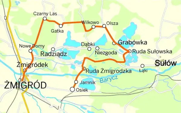 Mapa pokazuje trasę do Doliny Baryczy przez Żmigród, Czarny Las, Grabówkę i Sułów.