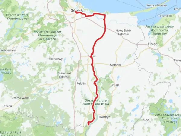 Mapa pokazuje przebieg wiślanej trasy rowerowej Kujawsko-Pomorskie, od Gdańska przez Malbork do Kwidzyna.