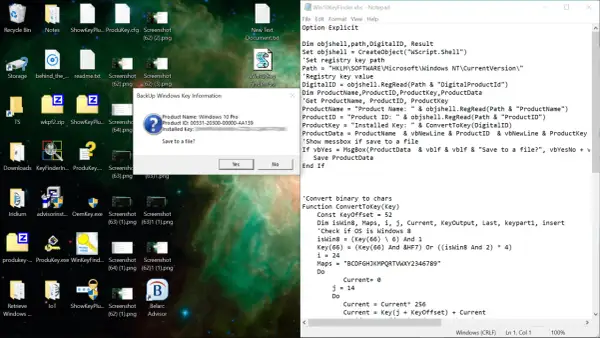 Jak sprawdzić klucz Windows 10? Na pulpicie widać okno "BackUp Windows Key Information" z nazwą produktu i identyfikatorem.