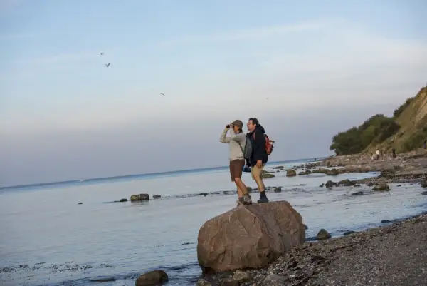 Två vandrare står på en sten vid kusten i norra Tyskland och spanar ut över havet.
