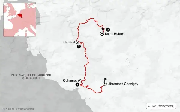 Carte d'un itinéraire de trek en Belgique, traversant le Parc Naturel de l'Ardenne Méridionale, avec des points de passage à Ochamps, Hatrival et Saint-Hubert.