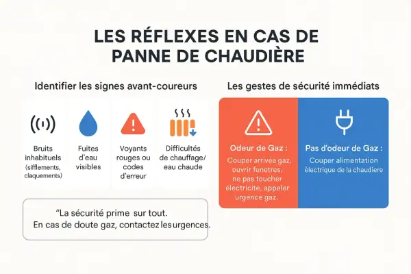 Guide pour redémarrer une chaudière en sécurité : identifier les signes avant-coureurs (bruits, fuites, voyants rouges) et les gestes immédiats (odeur de gaz ou non).