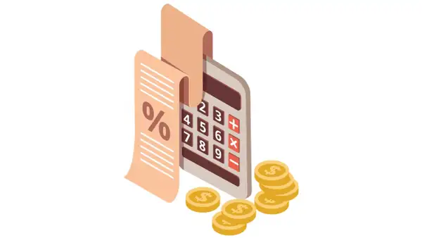 Calculatrice, reçu avec symbole pourcentage, et pièces d'or. Illustration du calcul de l'intérêt moratoire, définition.