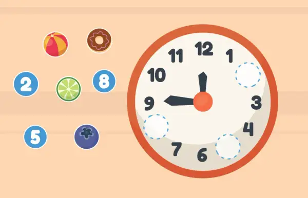 Spielerisch lernen Kinder die Uhr: Bälle, Donuts und Früchte helfen, die Zeit zu verstehen.