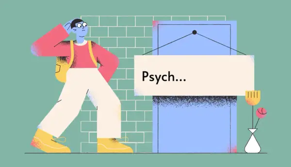 Osoba z plecakiem szuka wsparcia psychologicznego, podchodząc do drzwi z napisem "Psych...".