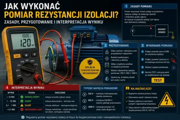 Multimetr mierzy rezystancję izolacji silnika elektrycznego. Wynik 120 MΩ wskazuje na dobrą izolację.