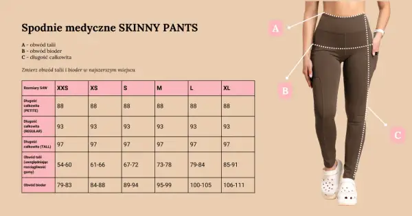 Tabela rozmiarów spodni medycznych skinny. Rozmiar 28 spodnie damskie jaki to rozmiar? Sprawdź obwód talii i bioder.
