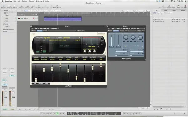 Wtyczka LexPlate w Logic Pro symuluje pogłos, pokazując parametry takie jak czas pogłosu. Reverb co to? To efekt przestrzenny.