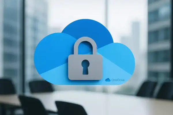 Symbol kłódki na niebieskiej chmurze OneDrive. Bezpieczny cloud storage dla Twoich danych.