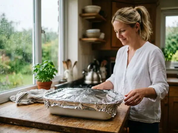 Kobieta w kuchni przygotowuje danie w naczyniu przykrytym folią aluminiową. Za oknem deszcz.