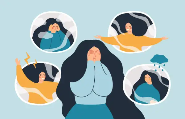Kobieta z zakrytymi twarzą, otoczona przez kręgi z różnymi emocjami: smutek, złość, radość, przygnębienie. Ilustracja symbolizuje drgawki dysocjacyjne.